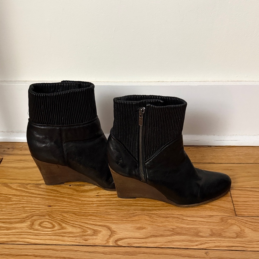 Frye Black Leather Wedge Boots